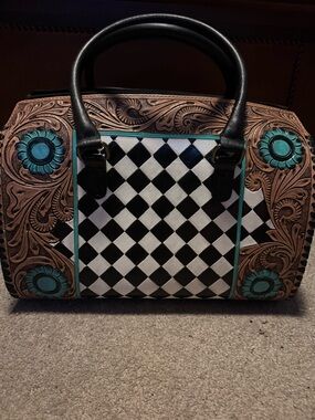 Western Linen “Large” Black/White/Brown/Teal Speedy. Genuine Leather -New